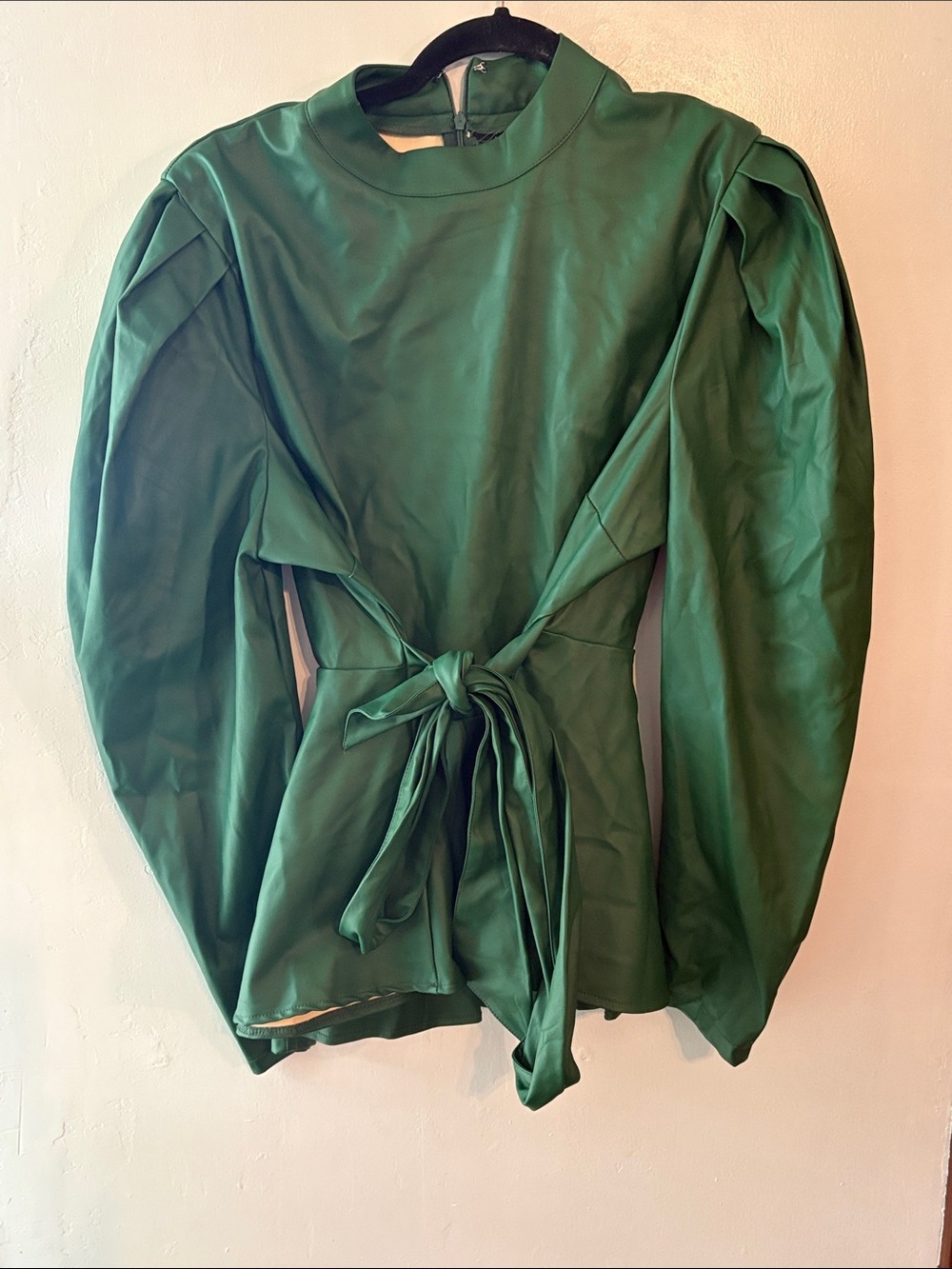 Ashley Stewart Emerald Green Puff Sleeve Tie-Waist Top
